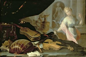 Natura morta di strumenti musicali, con una figura femminile
